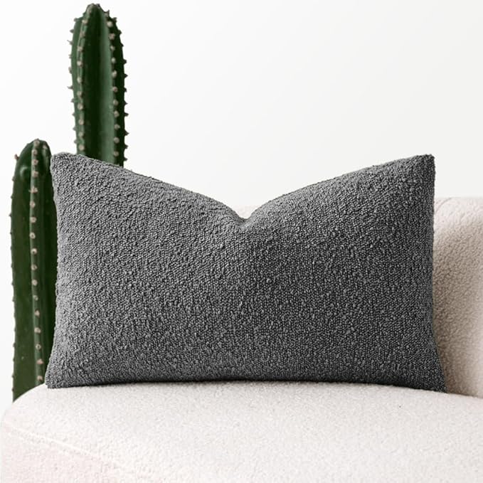 MIULEE Textured Boucle Throw Pillow Cover Dark Grey Accent Solid Lumbar Pillow Case Decorative Soft Pack of 1 Couch Cushion Chair Sofa Bedroom Livingroom Home Decor,12x20 Inch