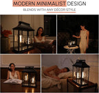 Modern Farmhouse Lanterns, Black Plastic Clear Glass Shade Lanterns Decor –3AA Battery Powered, with 2 G100 LED Vintage Bulbs & Timer(6/18),Ideal for Porch, Patio, Indoor Tables & Mantelpiece.