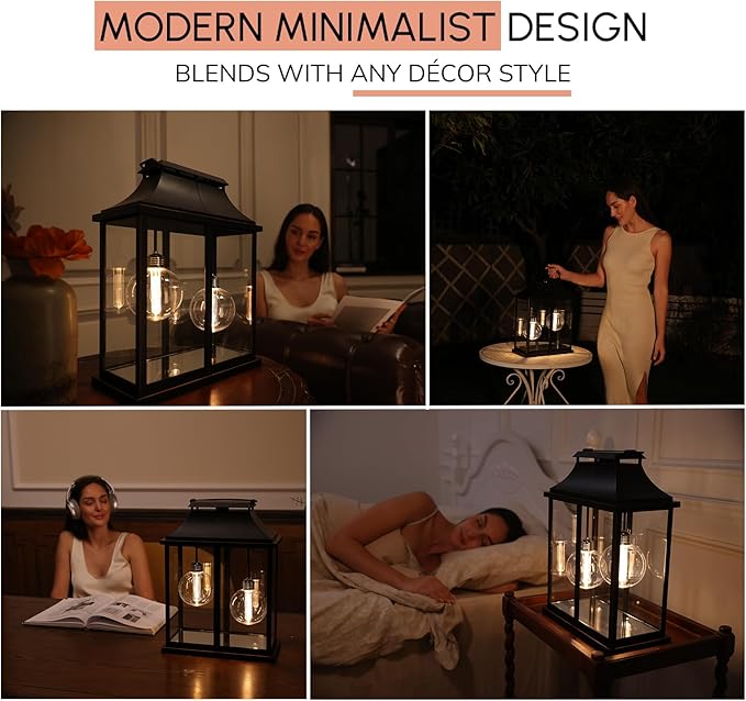 Modern Farmhouse Lanterns, Black Plastic Clear Glass Shade Lanterns Decor –3AA Battery Powered, with 2 G100 LED Vintage Bulbs & Timer(6/18),Ideal for Porch, Patio, Indoor Tables & Mantelpiece.