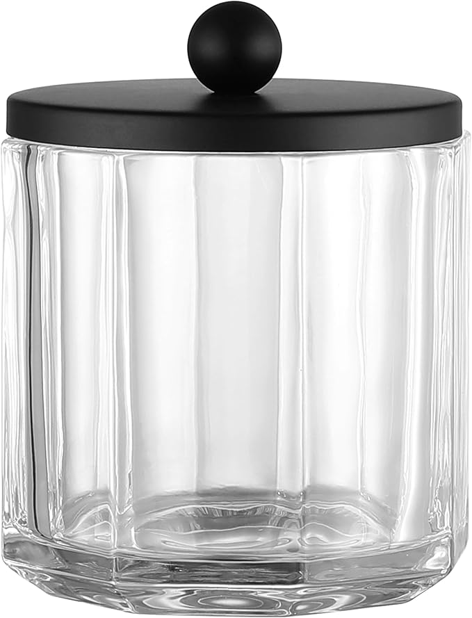 Home Glass Cotton Jar Holder Matte Black Lid, Elegant Bathroom Storage Canister for Qtips, Cotton Balls, Floss, Makeup Organizer, Vanity Bathroom Organization