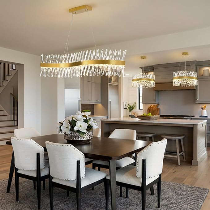 Modern Crystal Chandeliers, L47" Large Chandeliers for Dining Room Over Table, S-shape Luxurious Gold Rectangular Dining Room Chandelier Linear Kitchen Island Lighting, Dimmable Ceiling Light Fixture
