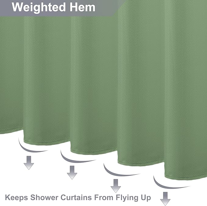 No Hook Shower Curtain, Green Modern Chevron Striped Luxury Hotel Style, Washable Waterproof Fabric for Bathroom, 15 Seconds Quick Install, 72W x 86L Inches