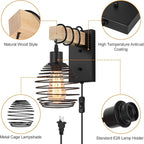 Plug in Wall Light Farmhouse Wall Lamps Set of 2 for Bedroom Industrial Wood Sconces Wall Light Fixtures with Metal Cage Lampshade for Living Room Home Office