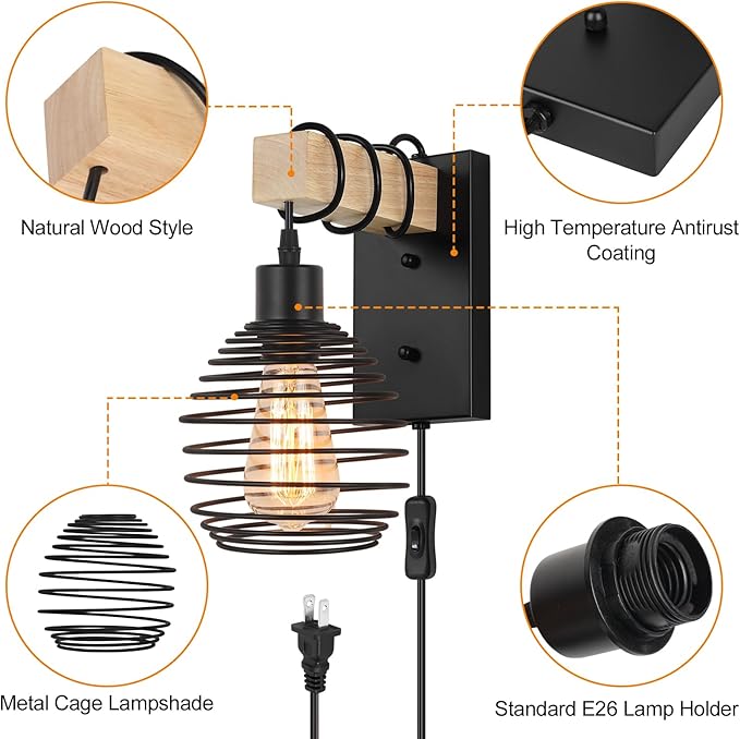 Plug in Wall Light Farmhouse Wall Lamps Set of 2 for Bedroom Industrial Wood Sconces Wall Light Fixtures with Metal Cage Lampshade for Living Room Home Office