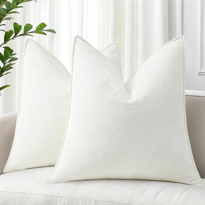 decorUhome Couch Throw Pillow Covers 22x22 Set of 2, Decorative Soft Euro Neutral Chenille Pillow Covers with Elegant Design for Sofa Bed Living Room Home Decor, Cream White