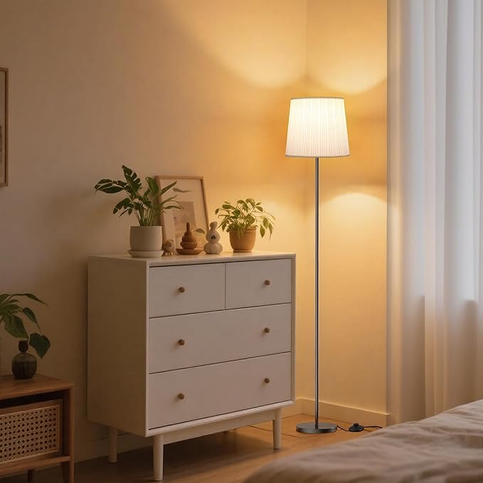 Floor Lamp with Pleated Shade - 3 Color Temps LED Standing Lamp with Foot Switch, 9W E26 Bulb Included, 62" Floor Reading Light for Living Room Bedroom Office Corner Dorm Kids, Black