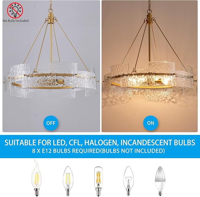 XINGQI Large 8-Light Modern Gold Glass Chandelier 26" Drum Light Fixture Round Water Ripple Pendant Lighting for Dining Room Living Room Kitchen Island Office
