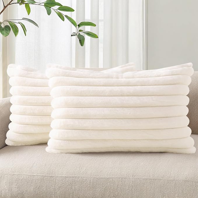 Pallene Faux Fur Plush Lumbar Christmas Throw Pillow Covers 12x20 Set of 2, Luxury Soft Fluffy Striped Decorative Pillow Covers for Sofa, Couch, Living Room, Cream White
