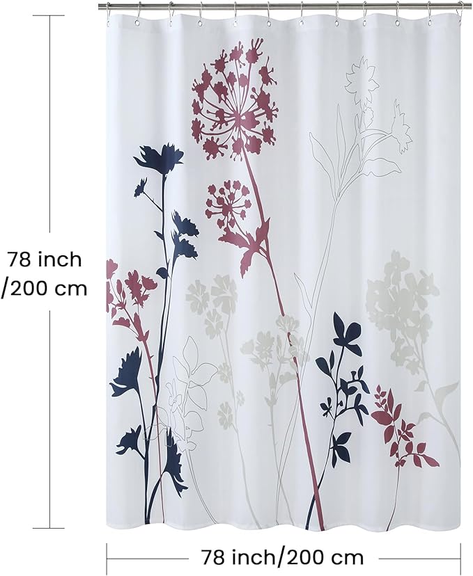 Long Fabric Shower Curtain, Burgundy and Navy Floral Plant Shower Curtains for Bathroom, Modern Decorative Bathroom Curtains, 78" W x 78" H