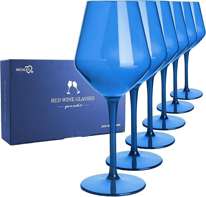 MICHLEY Colored Wine Glasses Set of 6 Unbreakable Tritan-Plastic Drinkware Gift 15oz for Outdoor Home Party, Blue