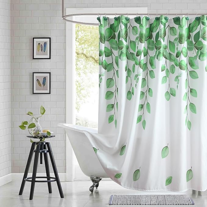 Extra Long Fabric Shower Curtain, Green Watercolor Eucalyptus Leaves Shower Curtain for Bathroom, 72" W x 84" H