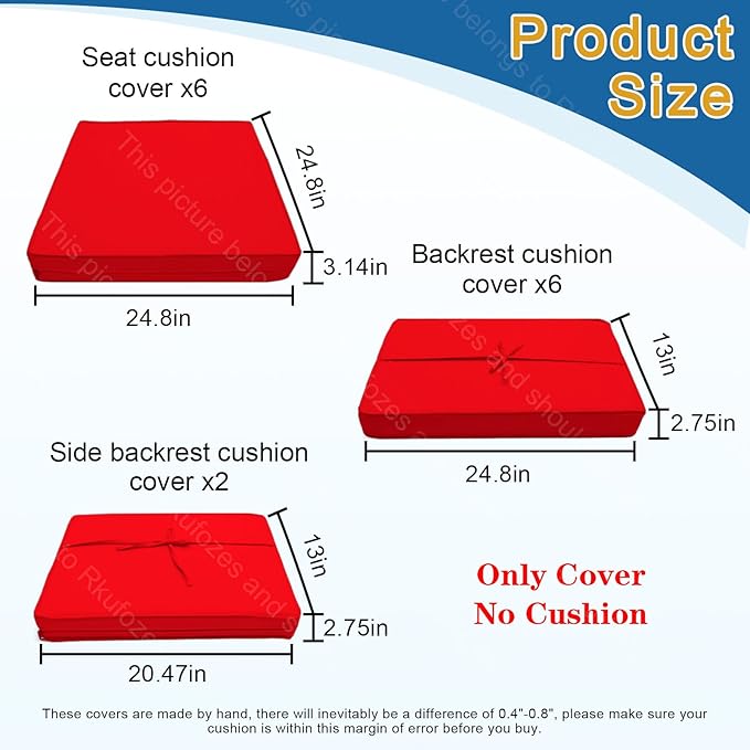14 PCs Patio Cushion Covers for 7 PCs Outdoor Furniture Sectional Seating Sets Water Resistant Plus 2 Throw Pillows (Red, 24.8(L)*24.8(W)*3.14(T) inches)