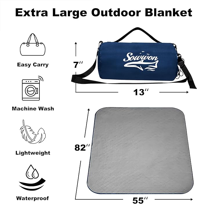 Waterproof Outdoor Blanket 82”X 55” Packable, Stadium Blankets for Camping with Quilted Fleece Lining, Large Windproof Emergency Throw for Garss Picnic Hiking Road Trip, Machine Washable, Navy 300GSM