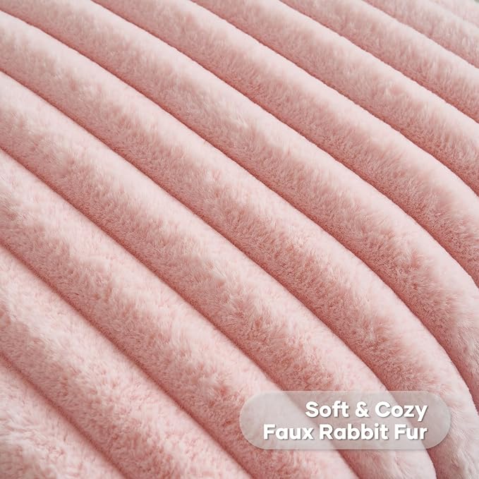 FUTEI Pink Striped Decorative Throw Pillow Covers 22x22 Inch Set of 2,Square Winter Decorations Couch Pillow Case,Soft Cozy Faux Rabbit Fur & Velvet Back,Modern Home Decor for Bed