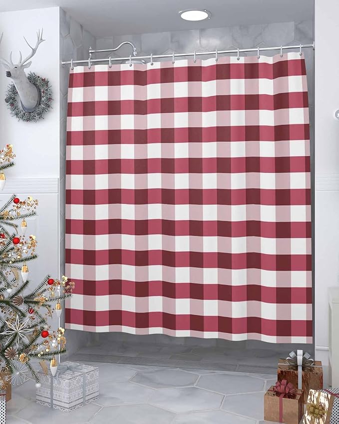 Christmas Shower Curtain,Rustic Burgundy White Buffalo Check Plaid Pattern Shower Curtains Set with Hooks, Farmhouse Waterproof Fabric Bathroom Curtains Decor Home Accessories, Stall Long 36 X 78 Inch