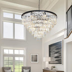 Large Crystal Chandeliers for High Ceiling, 7-Tier Modern Black Top K9 Dining Room Chandelier 17 Lights Luxury Round Ceiling Pendant Light Fixture for Living Room Entryway Staircase Foyer