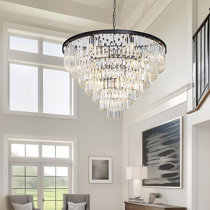 Large Crystal Chandeliers for High Ceiling, 7-Tier Modern Black Top K9 Dining Room Chandelier 17 Lights Luxury Round Ceiling Pendant Light Fixture for Living Room Entryway Staircase Foyer