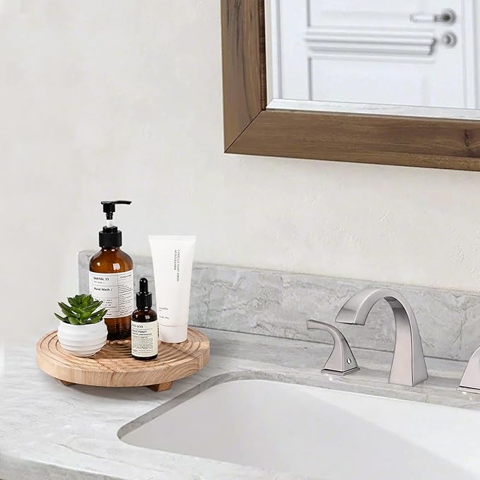 zoocatia Round Decorative Tray Farmhouse Bathroom Decor Wood Riser Kitchen Countertop Organizer for Perfume, Candle, Plant, 9 inch Burlywood