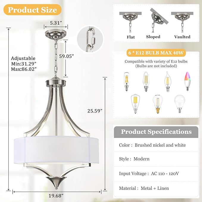 6-Light Brushed Nickel Chandelier 19.7" Modern Drum Chandeliers for Dining Room Light Fixture with White Fabric Shade Large Pendant Lighting for Kitchen Island Living Room Bedroom Foyer Over Table,E12