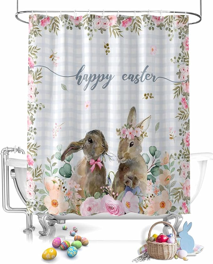 Vandarllin Rabbits Flowers Easter Shower Curtain, Eucalyptus Leaf Spring Shower Curtains Set with Hooks, Grey White Buffalo Plaid Waterproof Fabric Bathroom Curtains Decor, Stall Long 36 X 78 Inch