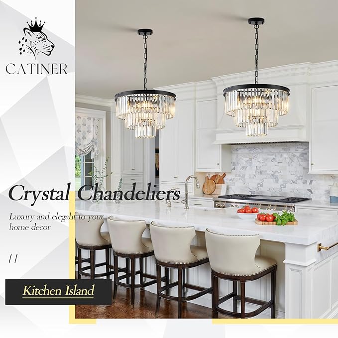 Black Crystal Chandeliers, 20” Modern Chandeliers for Dining Room 3 Tiers 7 Lights Luxury K9 Crystal Ceiling Pendant Round Light Fixture for Foyer Kitchen Bedroom Closet