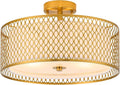 17" Semi Flush Mount Ceiling Light Fixture, 3-Light Gold Light Fixture, Close to Ceiling Light Fixture with White Fabric Lampshade and Gloden Iron Mesh Cage for Dining Room Living Room Bedroom
