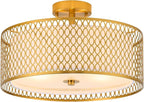 17" Semi Flush Mount Ceiling Light Fixture, 3-Light Gold Light Fixture, Close to Ceiling Light Fixture with White Fabric Lampshade and Gloden Iron Mesh Cage for Dining Room Living Room Bedroom