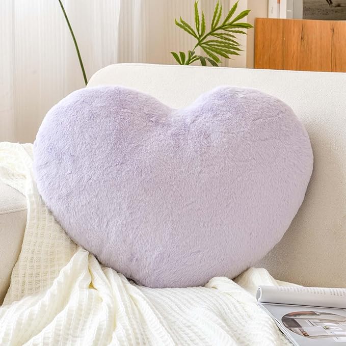 Lavender Heart Pillows, Cute Heart Decorative Pillow, Heart Shaped Throw Pillows for Bed, Faux Rabbit Fur Plush Hoom Decor Pillow Cushion for Chair Sofa Living Room (Large-19.6"x15.7")