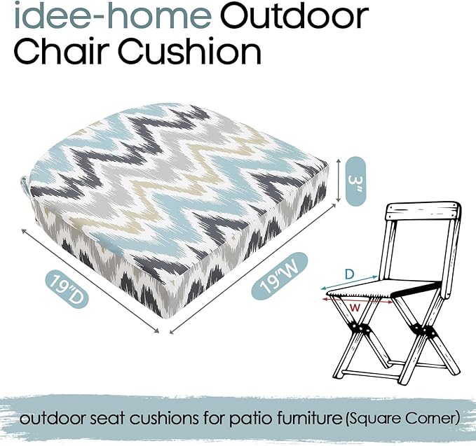 idee-home Outdoor Chair Cushions Set of 4, Thick 19" x 19" x 3" Outdoor Seat Cushions Patio Furniture Waterproof with Ties, Dining Pads