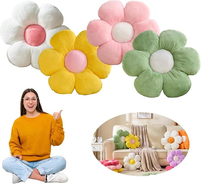 Flower Pillows Flower Shaped Throw Pillow Cute Daisy Pillows Seating Cushions for Adults Kids Home Bedroom Sofa Chair Couch Decor (4pcs White/Pink/Yellow/Green, 15.74 inch)