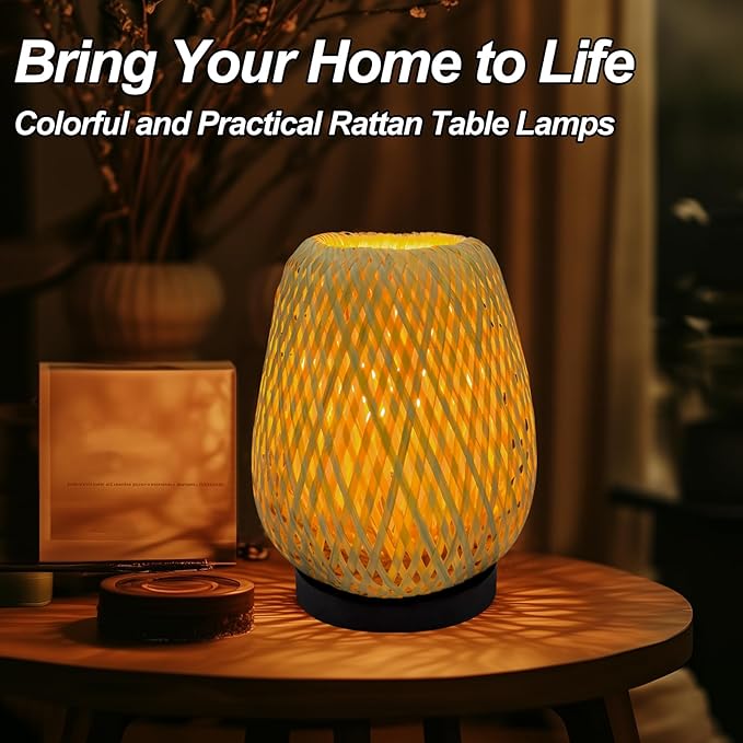 Boho Woven Nightstand Table Lamp - Bamboo 3 Color Temperature Handmade Lamp for Bedroom, Living Room