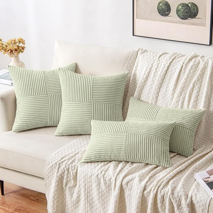 MIULEE Light Green Corduroy Pillow Covers Pack of 2 Boho Decorative Spliced Throw Pillow Covers Soft Solid Couch Pillowcases Cross Patchwork Textured Cushion Covers for Living Room Bed Sofa 18x18 inch