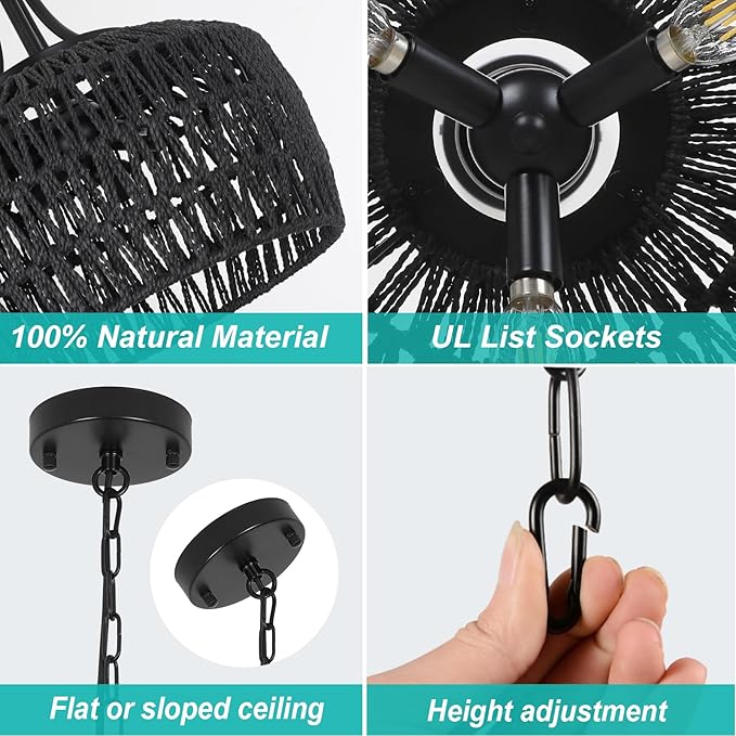 HMVPL Black Rattan Chandelier for Dining Room, 3-Light Boho Light Fixture with Woven Lampshade, Wicker Pendant Light Ceiling Hanging, Farmhouse Kitchen Chandelier for Bedroom Living Room Entryway