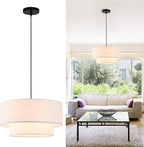 18" Drum Pendant Light Fixture, 3 Light Drum Chandelier with Wihte Fabric Lampshade, 2 Tier Dining Room Light Fixtures over Table, Ceiling Drum Chandeliers for Dining Room, Bedroom and Living Room