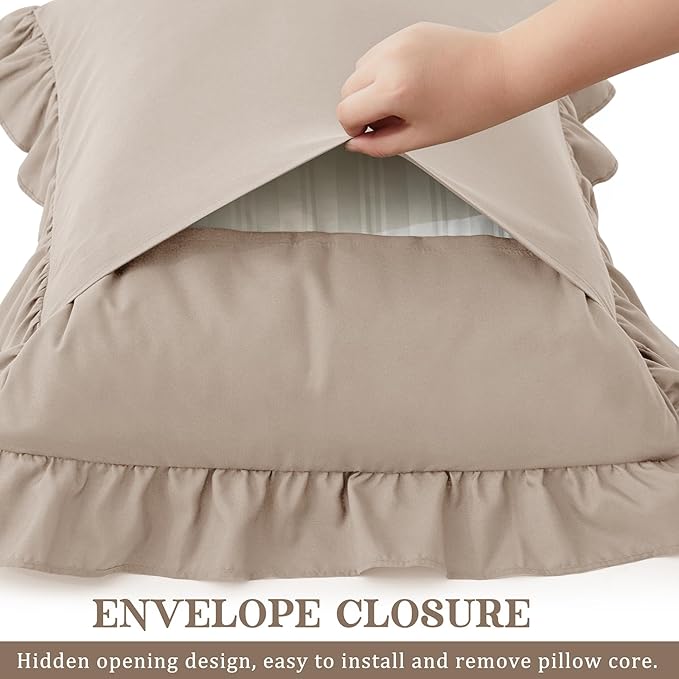 KKJIAF Ruffle Pillow Cases King Size Set of 2, Ruffled Pillow Covers with Envelope Closure, Wrinkle Resistant Pillowcases 20" x 36", Ruffled Pillow Shams, Khaki
