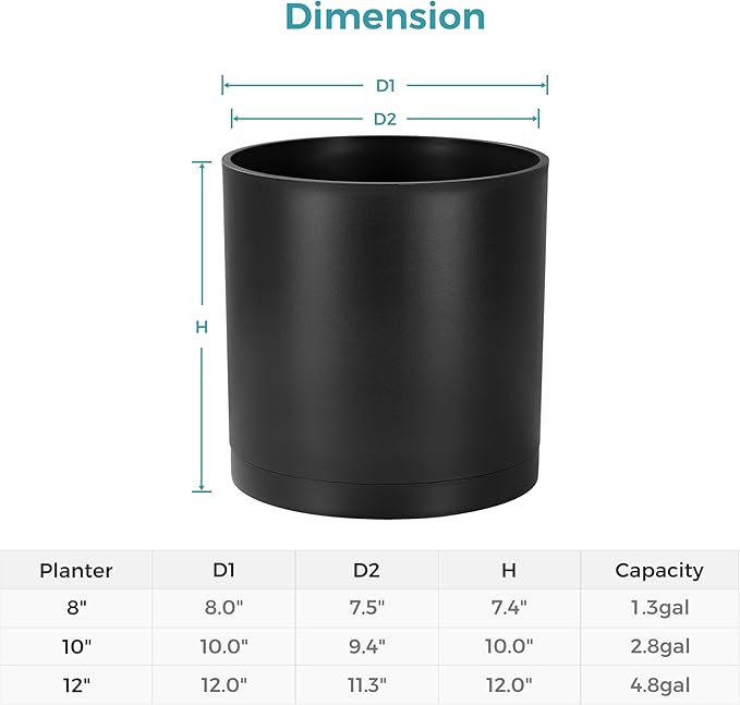 FaithLand 10-Inch Modern Cylinder Planter, Thick-Walled Plastic Plant Pot with Drainage Holes and Detachable Saucer, Matte Black, Ideal for Indoor & Outdoor Plants Flowers