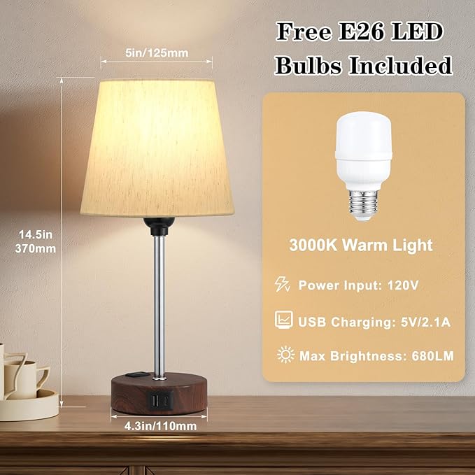 Reddish Brown Bedside Lamps Set of 2 - Nightstand Bedroom Lamp with USB C Port and AC Outlet Charging, 3 Way Dimmable Touch Control Small Bed Side Table Lamp, Nightstand Light