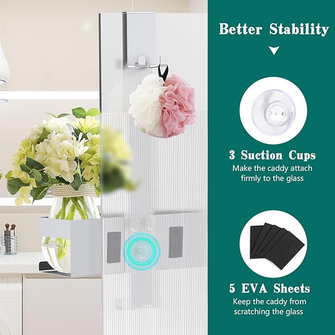 Emibele Over The Door Shower Caddy, 304 Stainless Steel Hanging Shower Caddy Rustproof Shower Shelves,No Drilling Hanging Shower Organizer for Bathroom Glass Door Up to 1.5cm,Basket: 23×10×10cm,Silver
