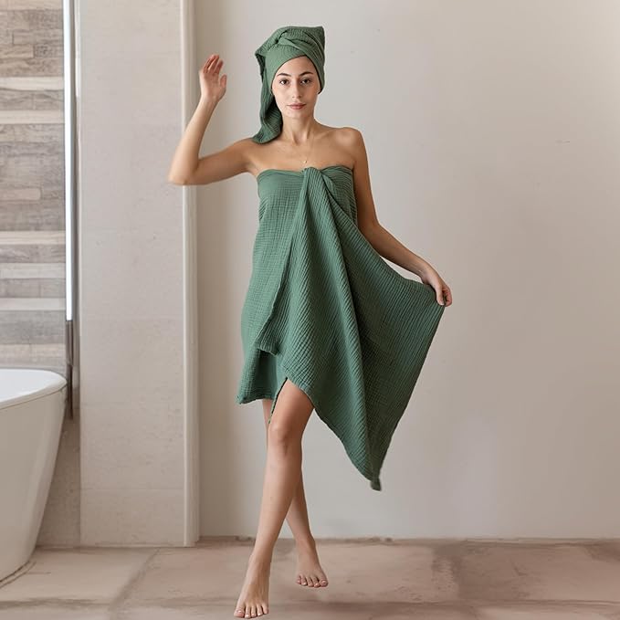 Ultra Soft Muslin Towel Adult Set, 100% Turkish Cotton 4-Layer 2 Pieces Luxury Muslin Hand & Bath Towels Sets for Bathroom (Green, 1 Bath & 1 Hand Towel Set)
