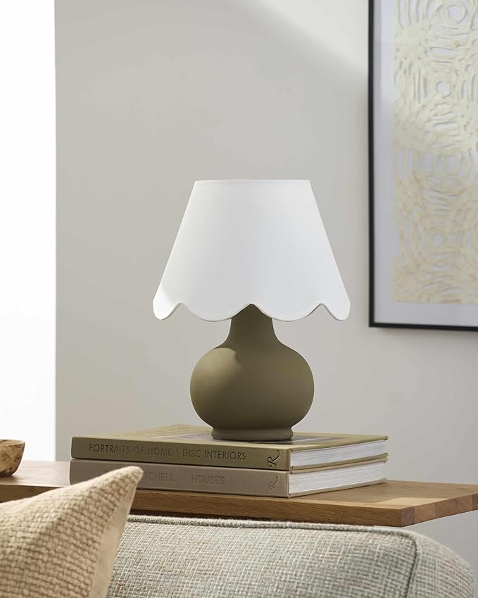 BoutiqueRugs Navarro Boho Ceramic Bedside Table Lamp for Bedroom Nightstand and Living Room - Shade Cotton - White, Green - 13" H