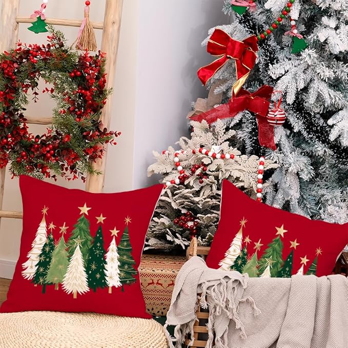 AACORS Christmas Pillow Covers 18X18 Set of 2,Watercolor Christmas Tree Stars Decoration Holiday Farmhouse Winter Pillow Case for Sofa Couch Decor（Red） AA231-18-2