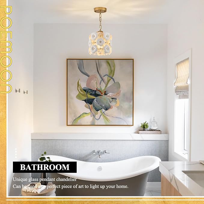 Modern Flower Small Pendant Lighting 2-Pack Gold Glass Pendant Light with White Ceramic Flowers 1-Light for Kitchen Island Sink Dining Room Entryway Hallway, E26