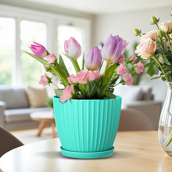 Aqua 6-Inch Plant Pots with Drainage & Saucers 3 Pack, Indoor & Outdoor Planters for Houseplants, Herbs, and Flowers, Durable & Weatherproof Material, Stackable, Lightweight, Minimalist Design