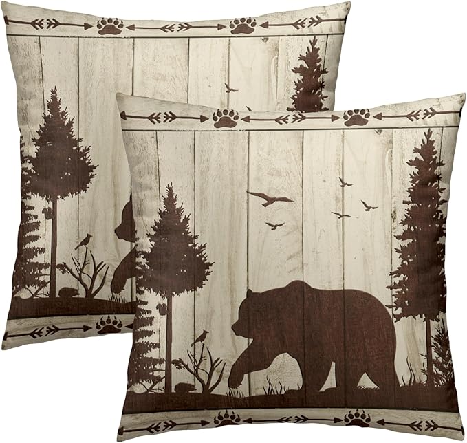 Bear Throw Pillow Covers Set of 2, 20x20 in Wild Animal Mountain Wood Cabin Cotton Square Throw Pillow Case Decorative Cushion Cover Pillowcase Sofa Camper
