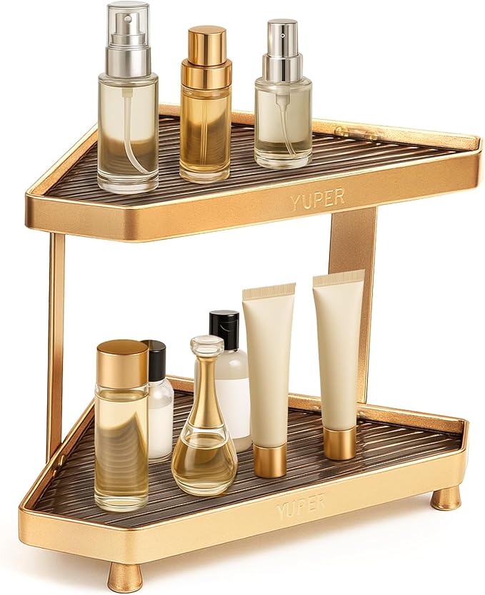 YUPER Corner Bathroom Counter Organizer, 2 Tier Countertop Corner Shelf for Perfume, Makeup Organizer, Skincare Organizers, Vanity Storage Tray for Bedroom, Bathroom Sink Shelf