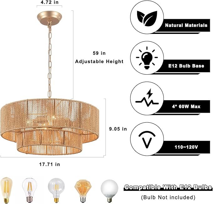 Boho Rattan Chandelier, 17.71” Rattan Pendant Light 4-Light with 2-Tier Hand-Woven Shade, Farmhouse Ceiling Light Fixture Chandeliers for Dining Living Room Bedroom Kitchen Island, UL-Listed