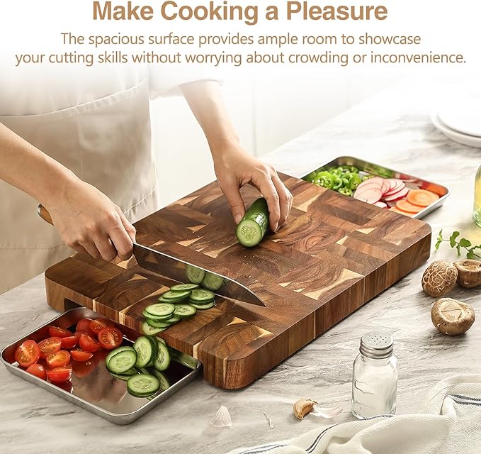 XINZUO Large Thick End Grain Acacia Wood Cutting Board -(16‘’L x 12''W x 1.6''T)-Dark Wood Cutting Board,Reversible Wooden Chopping Board with Non-Slip Feet-Catches Food and Waste-Giftbox