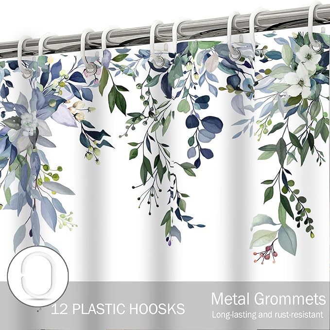 Eucalyptus Shower Curtain, Green Watercolor Leaves with Floral Botanical Bathroom Decor, Waterproof Fabric Bath Curtain Set with Hooks, 72x72 Inches