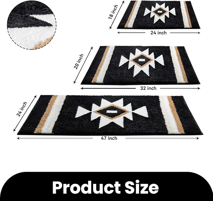 Bathroom Rugs Boho Black Bath Mat Non Slip Soft Absorbent Machine Washable Bath Rug Luxury Plush Floor Mat for Bathroom Shower 20x32