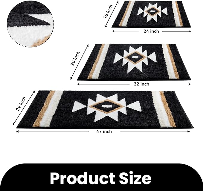 Bathroom Rugs Boho Bath Mat Non Slip Black Aztec Bath Rug, Soft Absorbent Luxury Plush Washable Floor Carpet for Bathroom Shower Modern Decor 18x24
